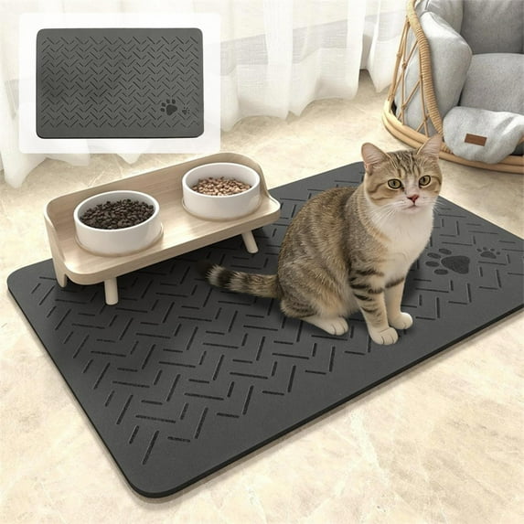 Luxcidy 1pcs Dog Cat Food Mat, 19.69x1 1.81in Diatom Anti-Slip Mud Dog Water Bowl Mat, Large Non-Slip Dog Bowl Mat for Food and Water, Cat Food Mat for Floors, Easy to Clean (Black)