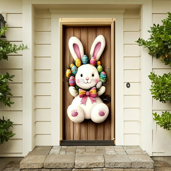 Luxcidy 1pcs Easter Door Cover, Happy Easter Door Cover Easter Bunny Front Proch Door Sign Banner, for Front Door Welcome Spring Easter Seasonal Hanging Decorations(70" X 35")