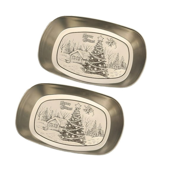 Luxcidy 2PCS Round Christmas Metal Serving Tray, Christmas European Vintage Iron Tray, Holiday Bread Tray for Christmas Decoration