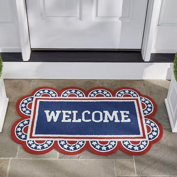 Luxcidy 4th of July Doormat Independence Day Welcome Floor Mat, Non-Slip Memorial Day Door Mat Red Blue and White Carpet Rugs 4th of July Patriotic Decoration for Independence Day Decor