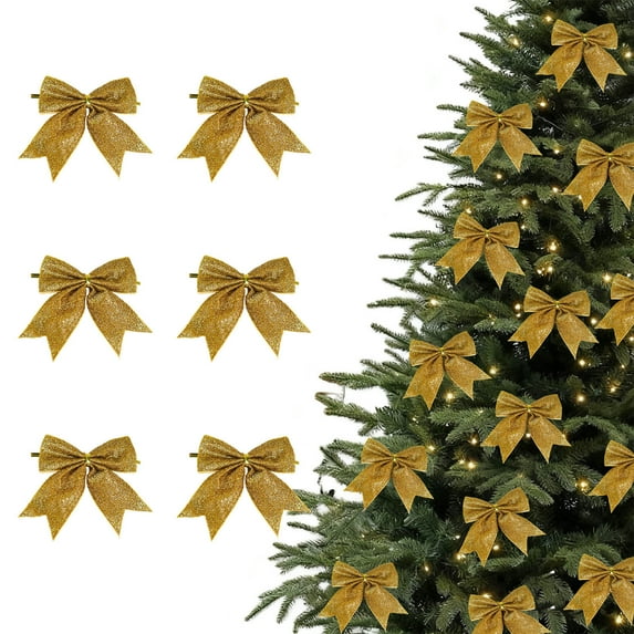 Luxcidy 6pcs Mini Christmas Tree Bows 6 cm Ribbon Bows Ornaments for Christmas Tree Hanging Decoration, Mini Bow Gift Wrapping Ribbons, for Crafts, Tree Decor & Gifts(Gold)