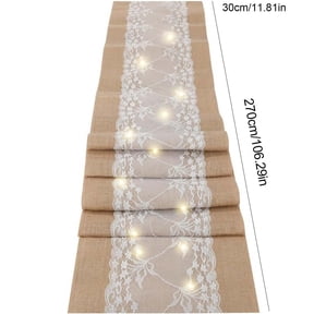 Luxcidy 70.86x11.81in Burlap Table Runner, LED Light String Lace Decor, Holiday Party Tableto, for Christmas Thanksgiving Decorative Illuminated Table Runner for Dining (Khaki)