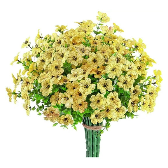 Luxcidy 8 Bundles Outdoor Plants Artificial Flowers, Artificial Flowers Outdoor Fake Flower Plastic UV Resistant Shrubs Greenery Plants Hanging Decorations, for Porch Gardens Fireplace Patio(Yellow)