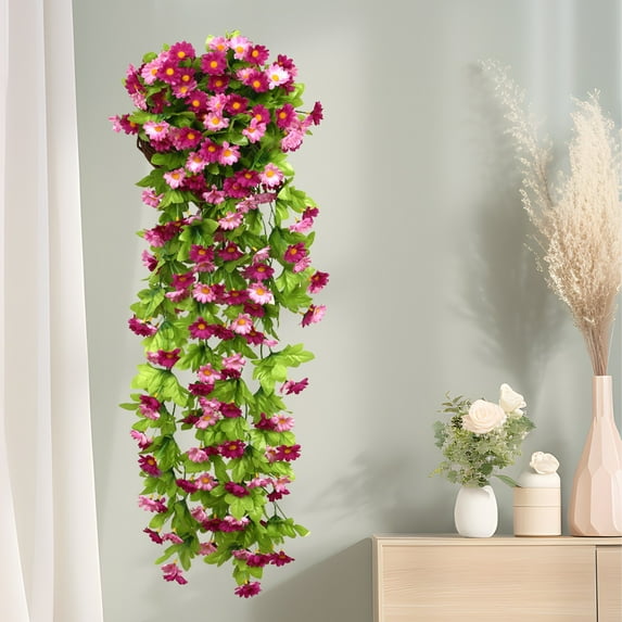 Luxcidy Artificial Fake Hanging Flowers Plants, Faux Silk Daisy vine Long Trailing Vines UV Resistant for Home Outside Porch Hanging Basket Planter Decor (Rose Red)