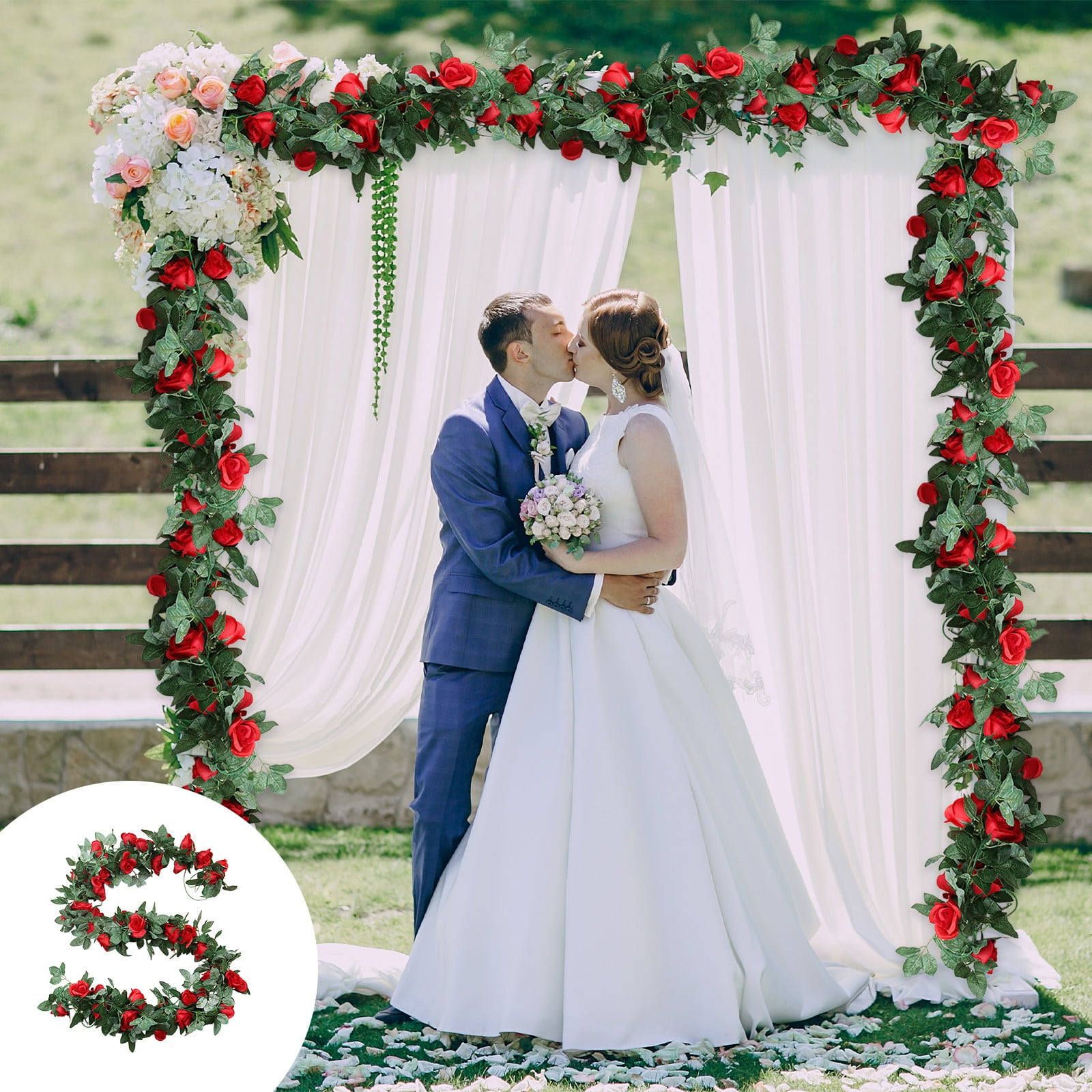 Luxcidy Artificial Flower 16 Rose Vines, Fake Rose Garland Vine for