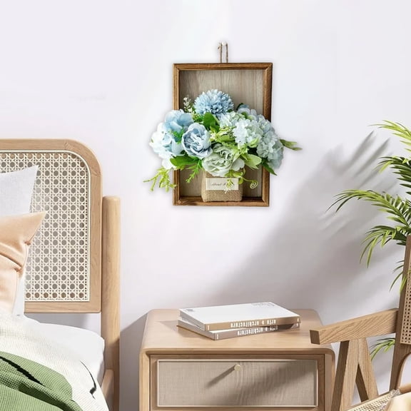 Luxcidy Artificial Hanging Peony Hydrangea Flowers, With Wooden Frame, Faux Pothos Hanging Plants, for Living Room Bedroom Office Decor, Blue