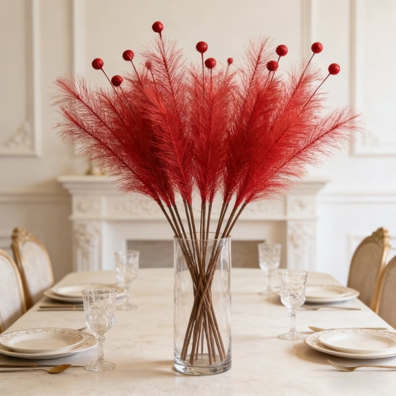 Luxcidy Artificial Reeds Grass Flowers, Colorful Handmade Combination Of Seven-pronged Feathers, Peacock Grass Artificial Fireworks Decoration for Home Party (Red)