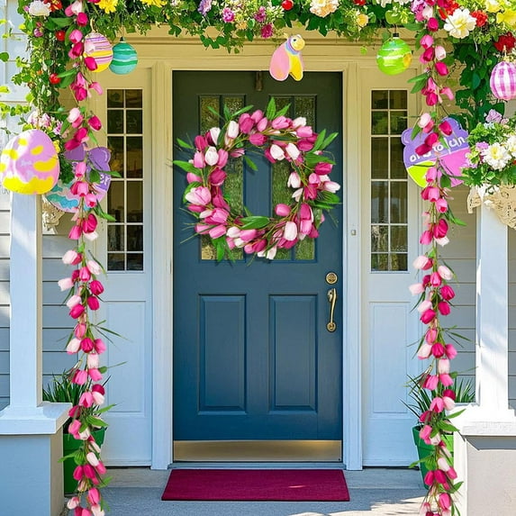 Luxcidy Artificial Tulip Garland, 6.56Ft Flowers Garland with Green Leaves Wreath Flower Hanging Vines for Wall Home Wedding Indoor Outdoor Decor (Pink White)