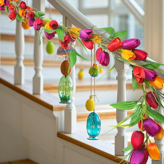Luxcidy Artificial Tulip Garland, 6.56Ft Flowers Garland with Green Leaves Wreath Flower Hanging Vines for Wall Home Wedding Indoor Outdoor Decor (Red Yellow)