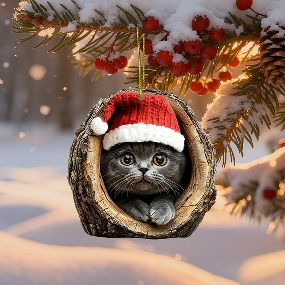 Luxcidy Cat Christmas Ornament Decor for Tree, Acrylic Flat Kitten Christmas Tree Decoration, Cute Animal Hanging Decor for Kids Holiday Party(B)