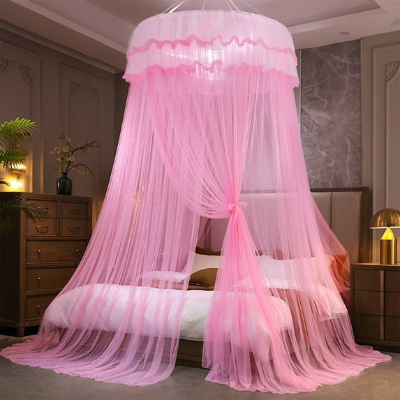 Luxcidy Ceiling-Mounted Dome Mosquito Net, Foldable Encrypted Net, Princess Floor-Standing Canopy, for Bedroom Installation-Free Household Mosquito Net with Support Rod (Pink)
