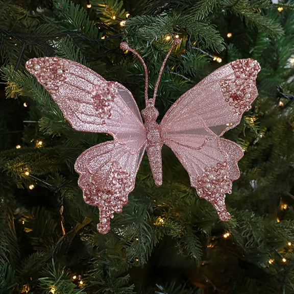 Luxcidy Christmas Glitter Butterfly Ornament with Clip Hollow Butterfly Xmas Decoration, Colorful Simulation Mesh Glitter Powder Pearl Christmas Clip Decoration Pendant