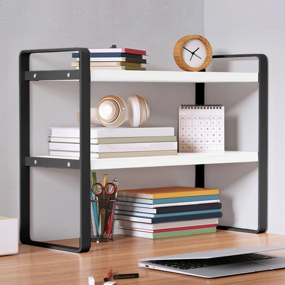 Luxcidy Double-Tier Desktop Storage Shelf, Student Desk Organizer, Office & Study Computer Monitor Riser with Tiered Cabinet for Supplies, Books, Home (D)