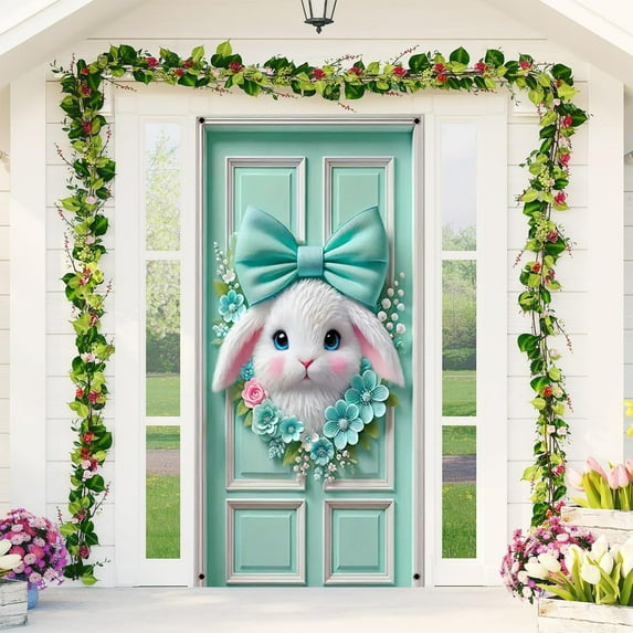 Luxcidy Easter Door Cover Cute Rabbit Door Party Decoration Supplies, Front Door Covers Spring Wall Decorations Bunny Backdrop for Indoor Outdoor Home Office Classroom Decor 35 x 71 (A)