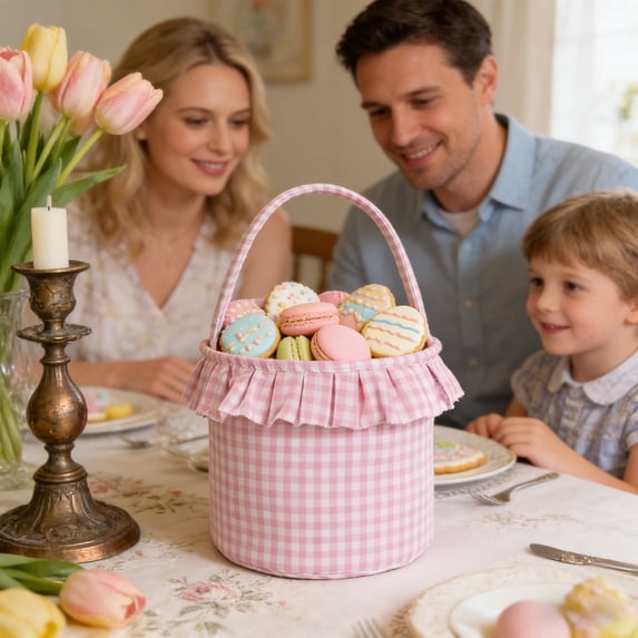 Luxcidy Easter Plaid Storage Basket Polyester Woven Gift Bucket Collapsible Rabbit Egg Hamper Cute Candy Container for Spring Holiday Party Home Organization, 8.66x9.84 in (Pink)