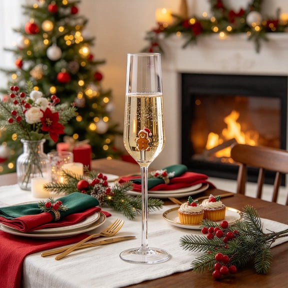 Luxcidy Gingerbread Wine Glass Christmas Champagne 9.45in, Holiday Flute for Xmas Party Dinner Gift Set Gingerbread
