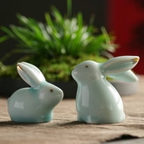 Luxcidy Hand-Made Celadon Jade Rabbit Tea Pet Funny Cute Bunny Statue Kung Fu Tea Tray Decor Lover's Gift Home Office Desk Feng Shui Ornament (1 Set)