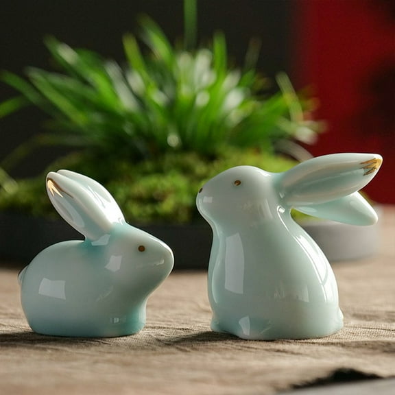 Luxcidy Hand-Made Celadon Jade Rabbit Tea Pet Funny Cute Bunny Statue Kung Fu Tea Tray Decor Lover's Gift Home Office Desk Feng Shui Ornament (1 Set)