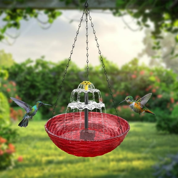 Luxcidy Hanging Bird Bath - Bird Bath Bowl with Solar Fountain Pump - Deck Mount Metal Bird Bath Bowl Powered by Water Fountain Pump for Outdoor Garden - Solar Powered Bird Bath Fountain, Red