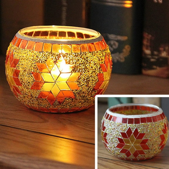 Luxcidy Mosaic Glass Tea Light Holders Romantic Stained Votive Candle Holder, Round Handmade Tealight Candle Holder for Table Centerpieces, Christmas, Valentine, Birthday Party Decor(Orange)