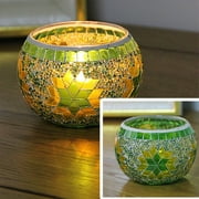 Luxcidy Mosaic Glass Tea Light Holders Romantic Stained Votive Candle Holder, Round Handmade Tealight Candle Holder for Table Centerpieces, Christmas, Valentine, Birthday Party DecorGreen