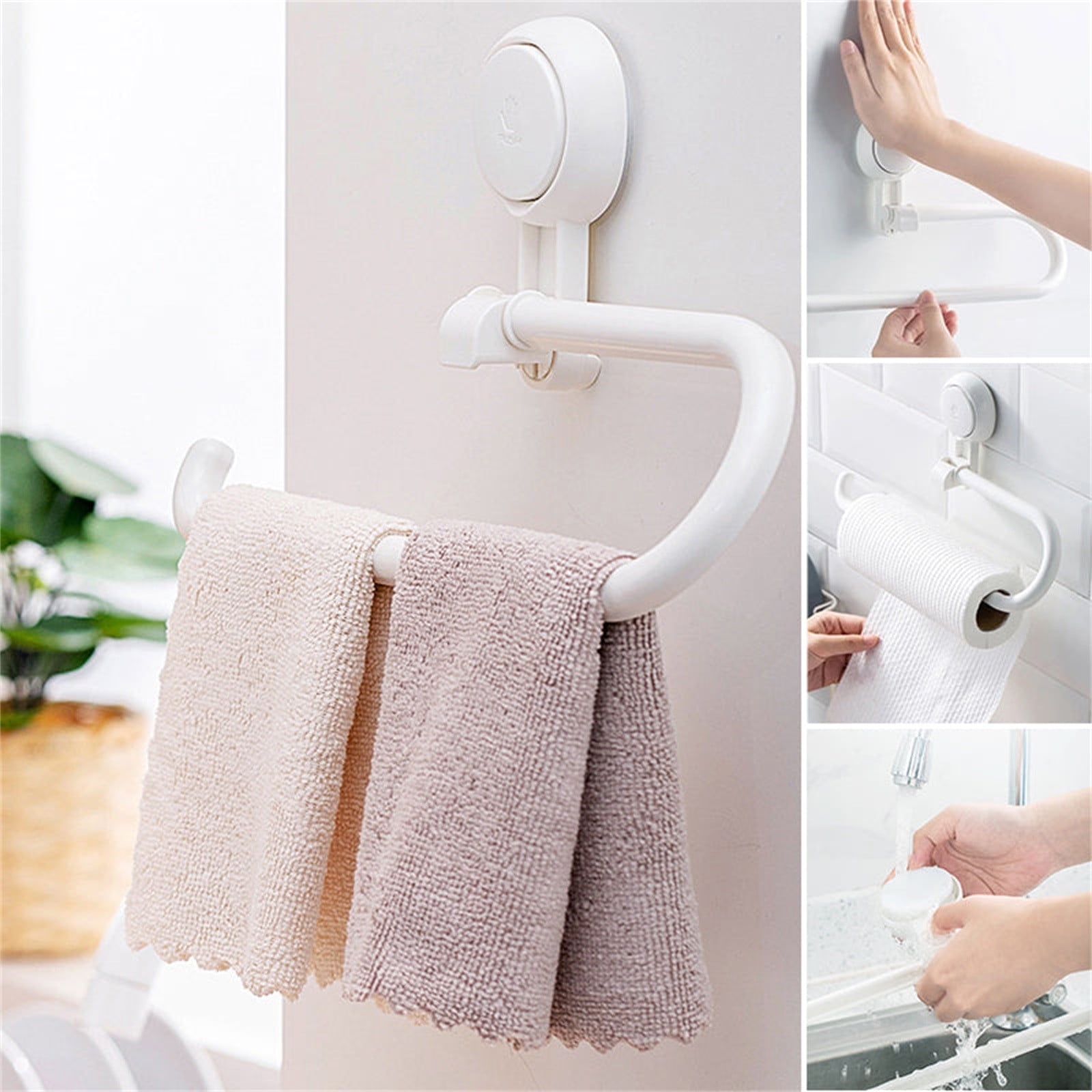 Suction Cup Towel Bar Adjustable Towel Rack No Drill Removable Hand Towel Holder with 6 Hooks Wall Mounted Towel Bar for Bathroom Kitchen Door Walmart