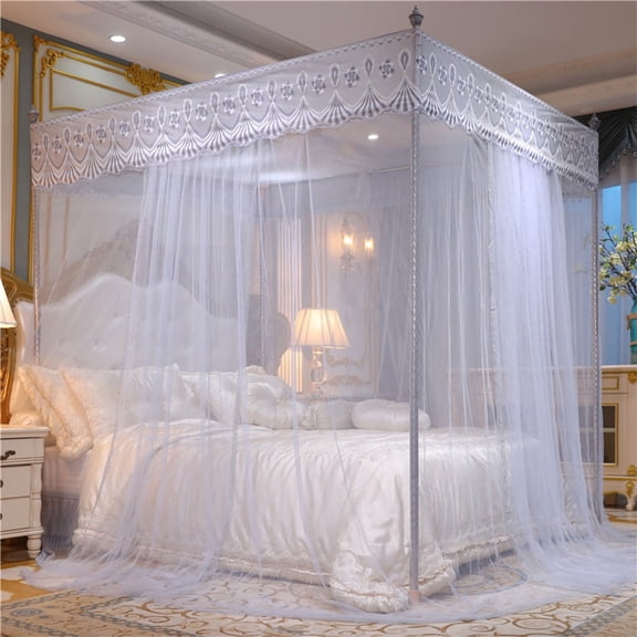 Luxcidy Three-Door Canopy Mosquito Net, -Style Floor Length Net, Princess Bed Canopy, for Bedroom Decor, No-Drill Household Mosquito Net with Romantic Design (Gray)