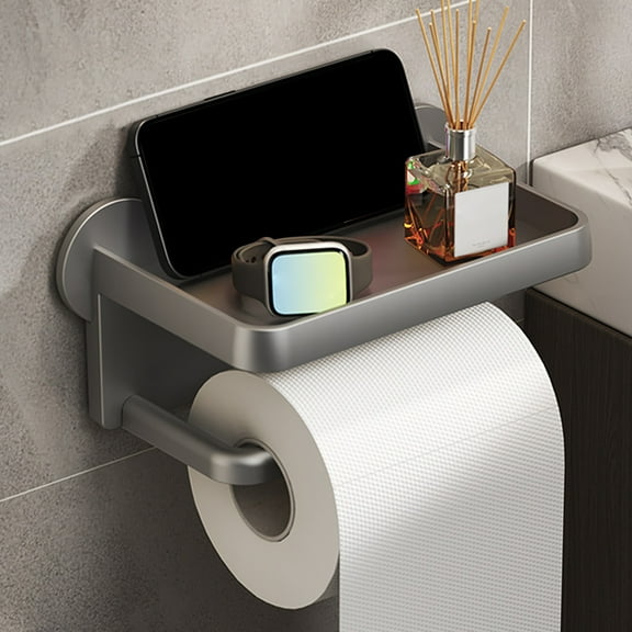 Luxcidy Tissue Holder, Toilet Paper Holder with Shelf, Stick on Toilet Paper Holder, Double Layered Wall Mount Self Adhesive Toilet Paper Holder, Modern Paper Roll Holder