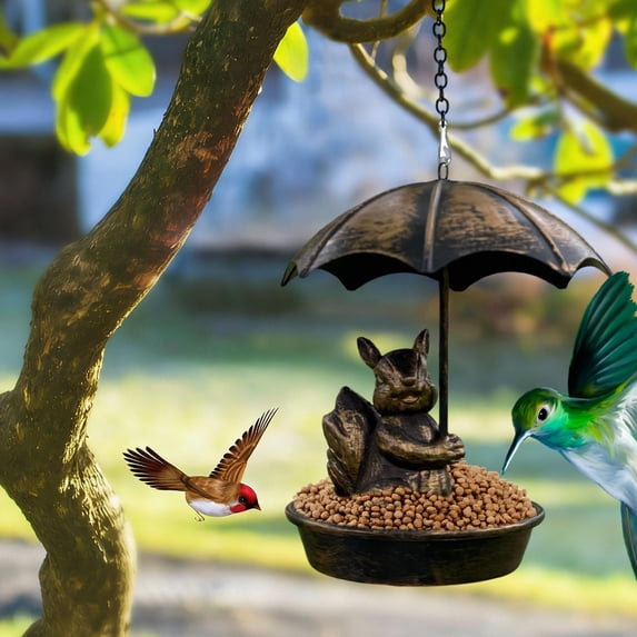 Luxcidy Vintage Metal Birds Feeder, Brown Iron Hanging Outdoor Bird Bath (Squirrel), 11.02x3.94in for Garden Yard Patio Lawns Decor, Rustic Finish (C)
