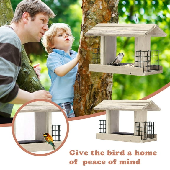 Luxcidy Wooden Bird Feeders for Outdoor Hanging, Large Capacity Handmade Wildbird Feeder for Outside Yard Patio Hanging with Double Suet Holder Cages, Waterproof and Durable
