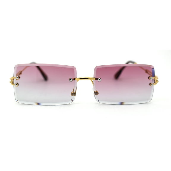 Luxe 90s Full Rimless Bevelled Oceanic Lens Square Sunglasses Gold Purple Grey