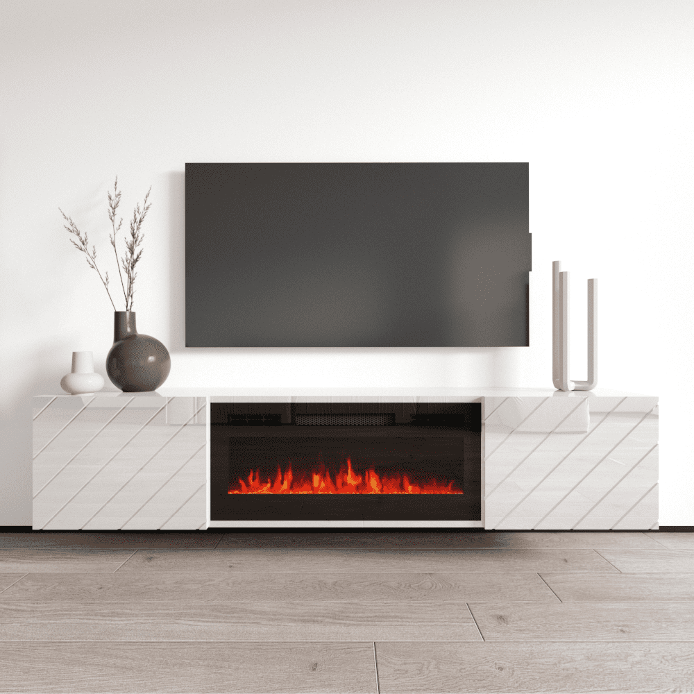 White High Gloss 72" Floating Fireplace TV Stand with Storage