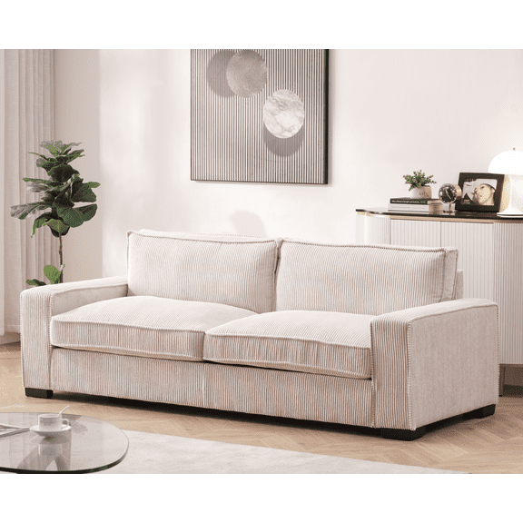Luxe Beige Corduroy 3-Seater Sofa: Spacious & Comfortable Modern Living Room Couch, Deep Seats, Sleek Design, Durable Craftsmanship for Entertainment & Cozy Moments
