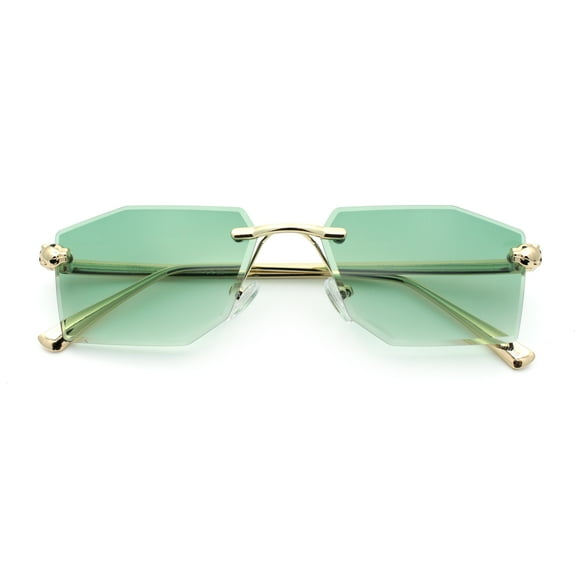 Luxe Bevel Geometric Square Rectangle Rimless Cougar Head Sunglasses Gold - Green