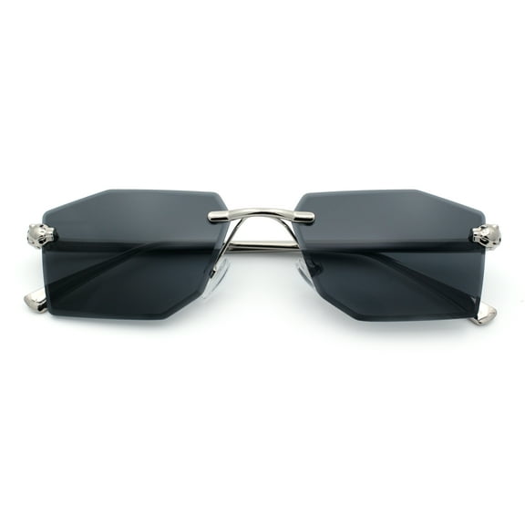 Luxe Bevel Geometric Square Rectangle Rimless Cougar Head Sunglasses Silver - Black