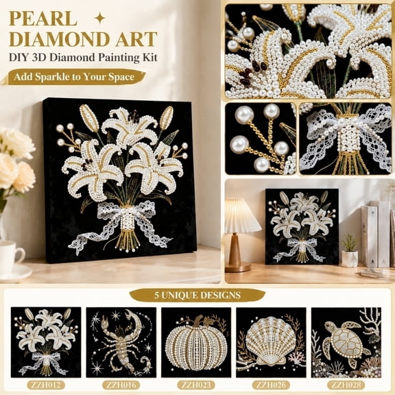 Luxe Black and Gold Wall Accent Art Piece, Bead Art Kit for Handmade Diy Pearl Painting, Luxury Home Decor Floral Lily Desktop Ornament with White Lace Bow Detail, 10X10X1 Inch