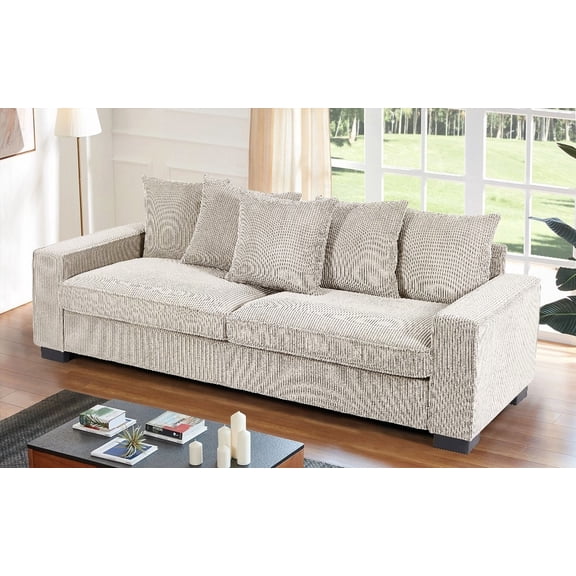 Modern Minimalist Corduroy 3-Seater Sofa 220cm with 5 Matching Toss Pillows and Spacious Design