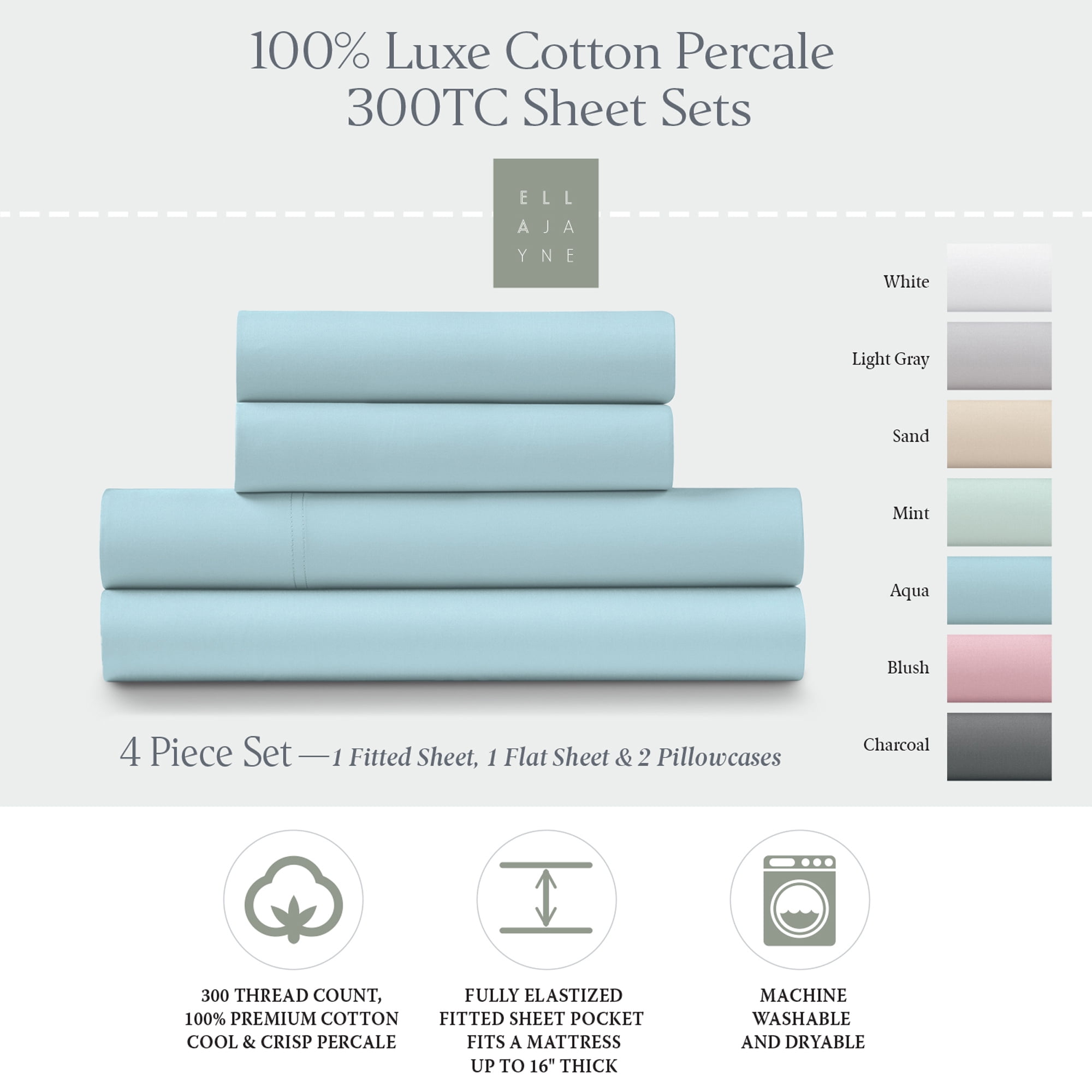 Luxe Cotton Percale Crisp and Cool Sheet Set, Queen, Aqua