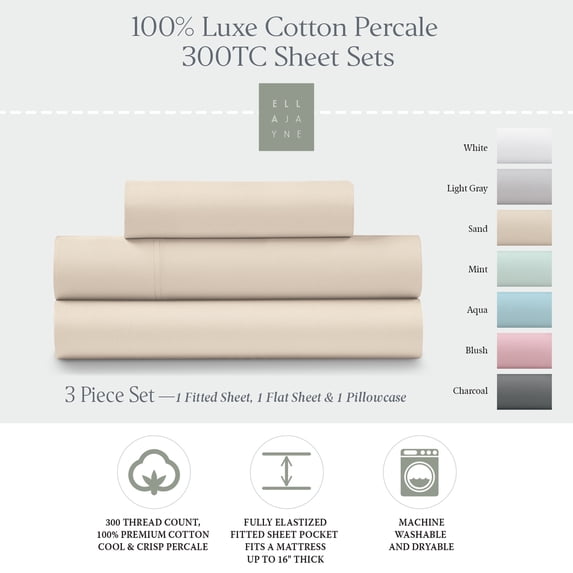 Luxe Cotton Percale Crisp and Cool Sheet Set, Twin, Sand