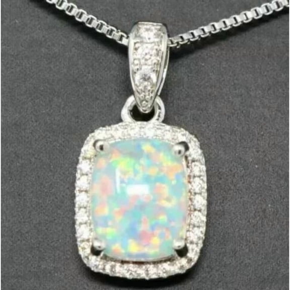Luxe 3Ct Cushion Cut Fire Opal Diamond Halo Pendant Necklace 14K White Gold Over 925 Sterling Silver Gift For Women