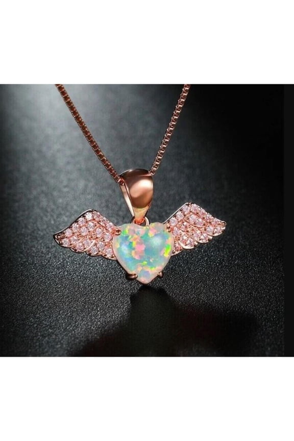 Dainty White Opal Heart With Angel Wing 925 Sterling Silver 14K White Gold Over Gift For Women