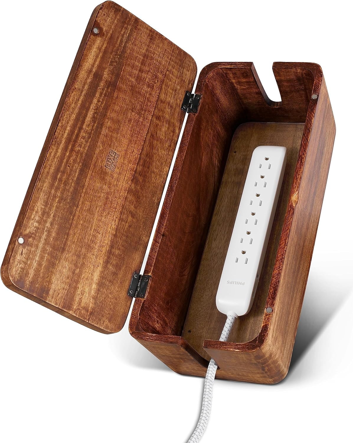 Large Brown Mango Wood Cable Management Box with Magnetic Lid