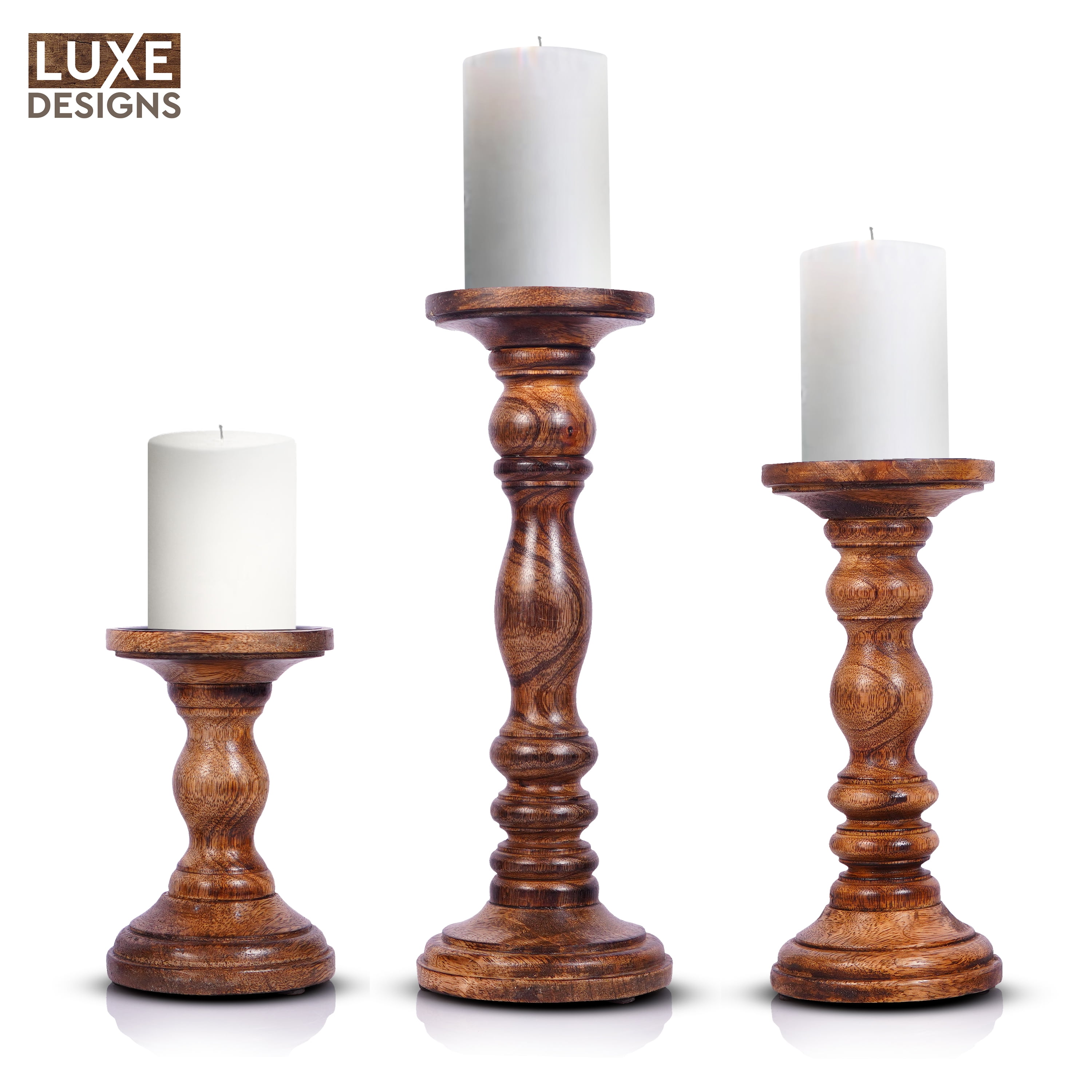 Handcrafted Natural Mango Wood 3-Piece Tabletop Candlestick Set