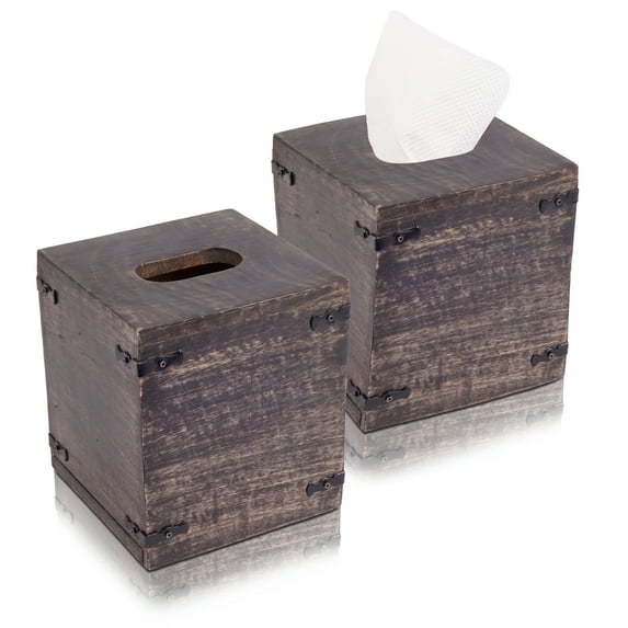 Luxe Designs | Set of 2 Dark Burnt Wooden Square Tissue Box Cover/Tissue Dispenser/Napkin Holder - Slide-Out Bottom - Home & Farmhouse Décor