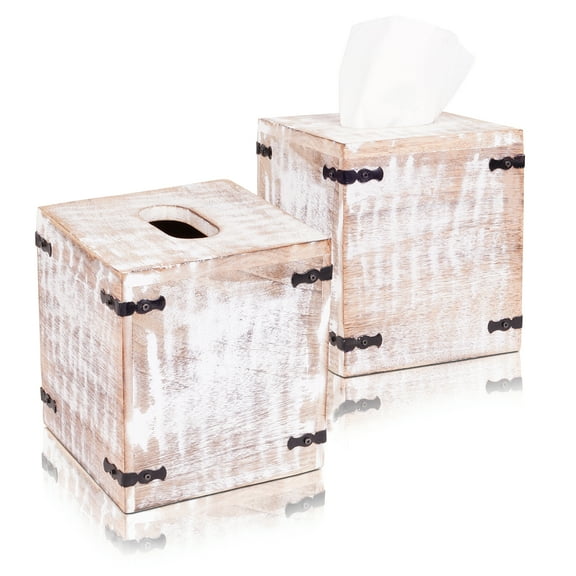 Luxe Designs | Set of 2 Rustic White Wooden Square Tissue Box Cover/Tissue Dispenser/Napkin Holder - Slide-Out Bottom - Home & Farmhouse Décor