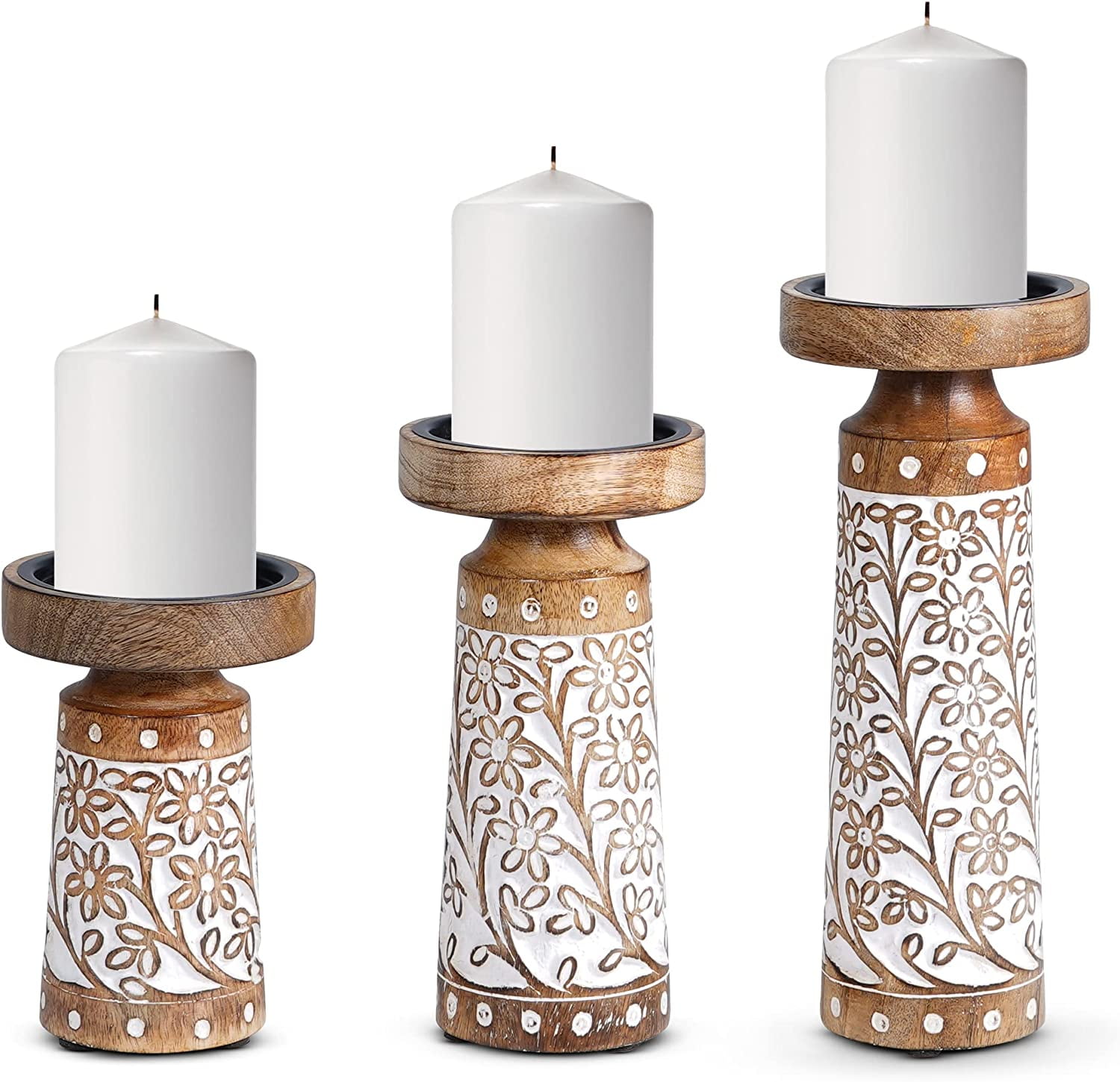 Luxe Designs White Hand Carved Mango Wood Pillar Candle Holders Set — free download