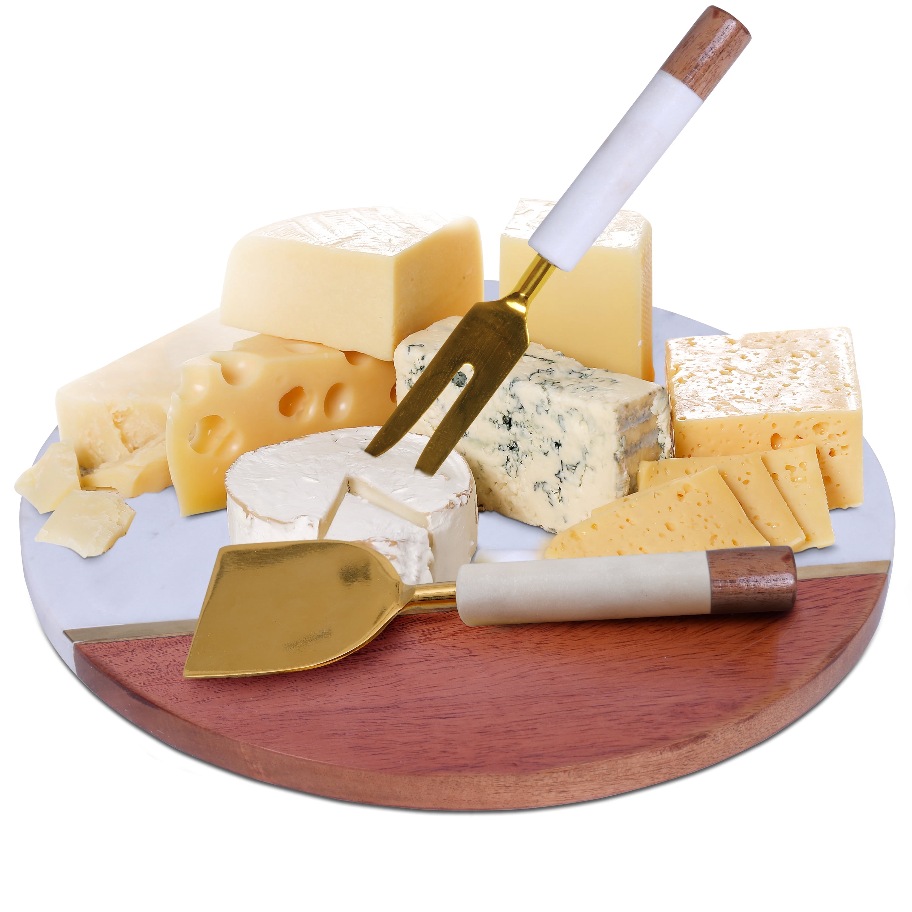 Luxe Designs | Wood & White Marble Cheese Cutting Board with Knife Set - 12" Serving Tray for Charcuterie Meat Platter, Fruit & Crackers