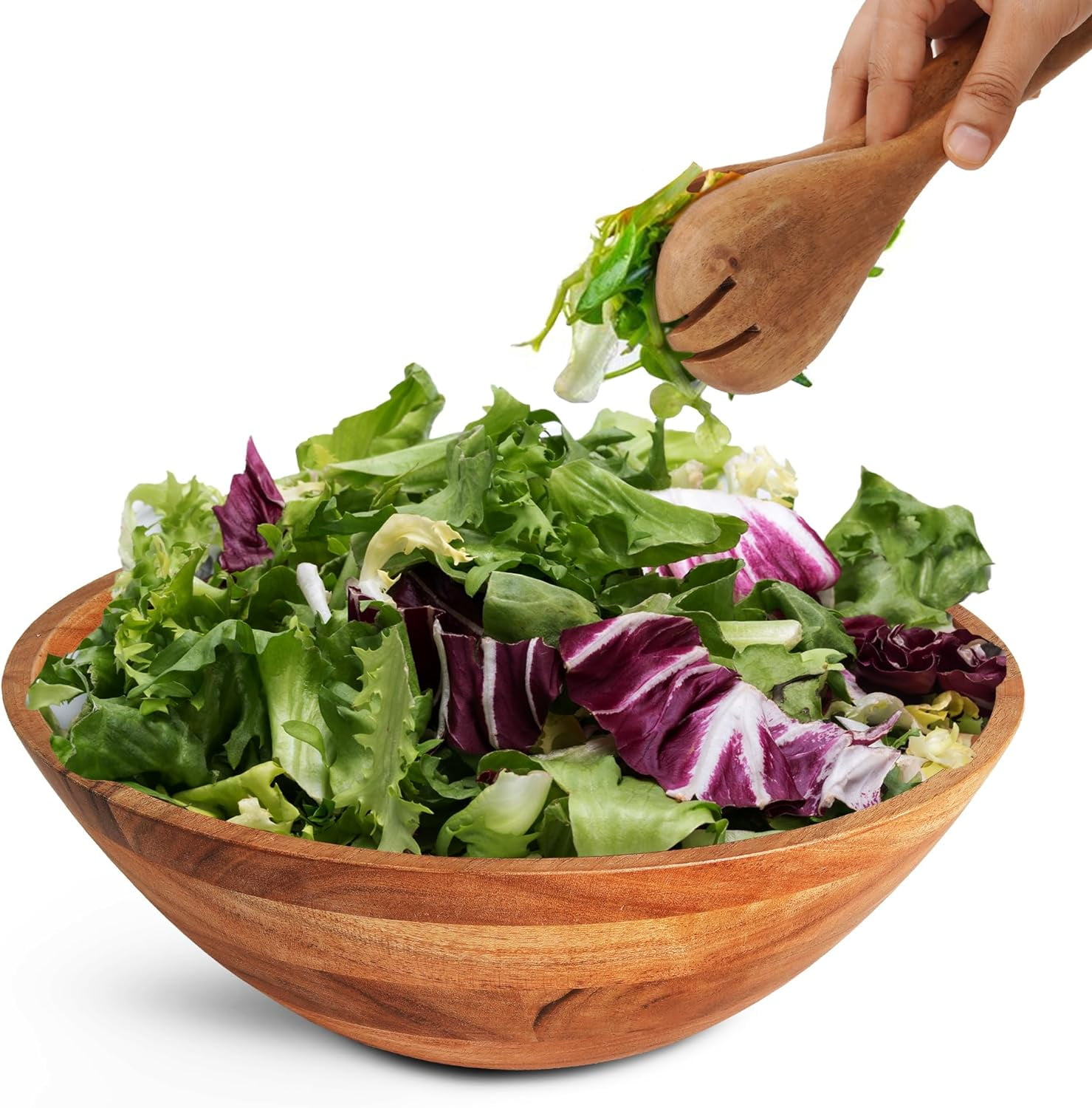 Natural Mango Wood Rectangular Salad Bowl Set with Fork and Spoon