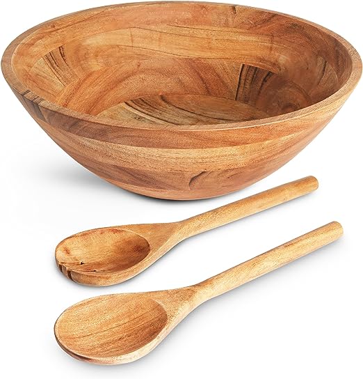 Luxe Designs Wooden Salad Bowl Set with Spoon & Fork Food Safe & Sustainable Decorative Bowl