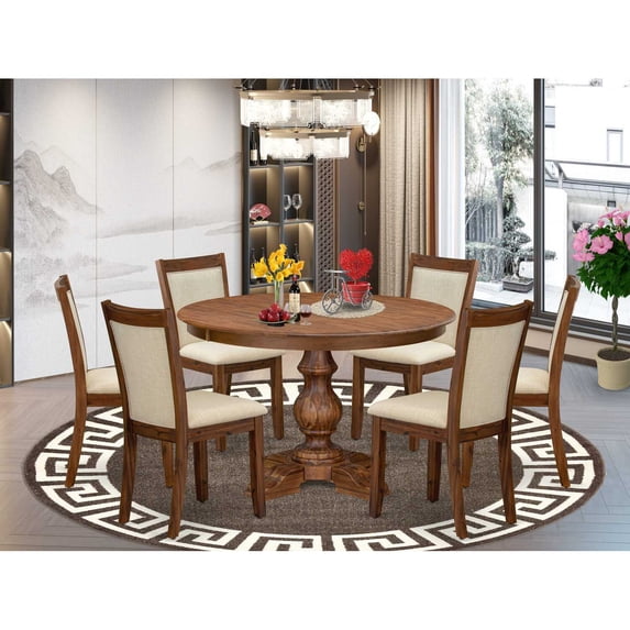 Luxe by East West Furniture F5MZ7-40N-02 7-Pc Dining Table Set consists of a Pedestal Table and 6 Light Beige Linen Fabric Modern Chairs with Padded Back - Antique Walnut